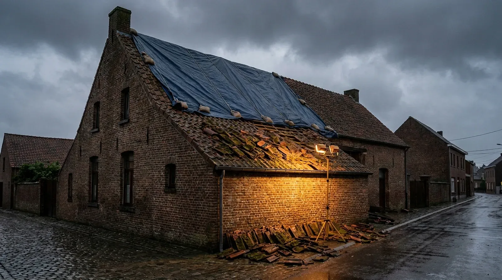 Toiture endommagée d’une vieille maison après une tempête, couverture déplacée et brisée